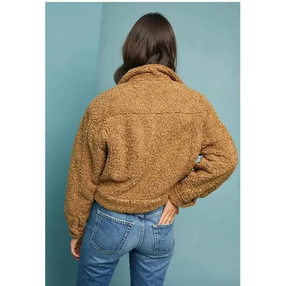 Capulet Aiden Sherpa Trucker Jacket Camel Teddy Fuzzy Crop Coat Size Small - Picture 2 of 13